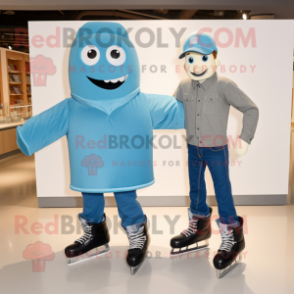 Cyan Pair Of Ice Skates mascot costume character dressed with a Bootcut Jeans and Belts