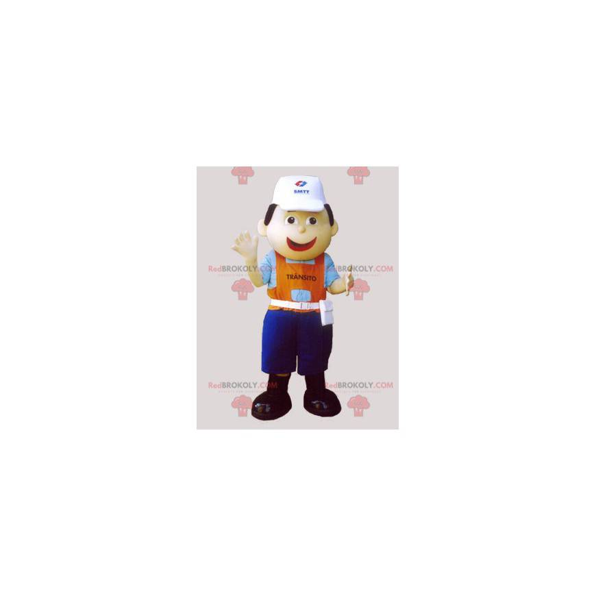 Mascota del trabajador con una gorra y un traje colorido -