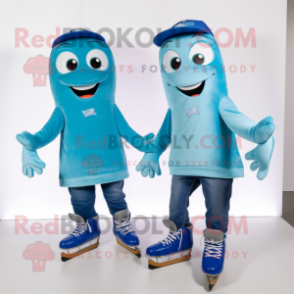 Cyan Pair Of Ice Skates mascot costume character dressed with a Bootcut Jeans and Belts