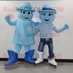 Cyan Pair Of Ice Skates mascot costume character dressed with a Bootcut Jeans and Belts