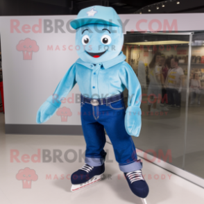 Cyan Pair Of Ice Skates mascot costume character dressed with a Bootcut Jeans and Belts