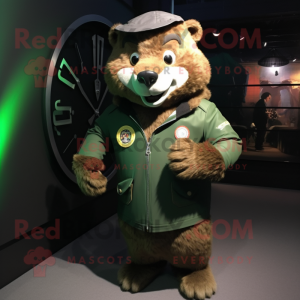Forest Green Beaver mascot costume character dressed with a Moto Jacket and Bracelet watches