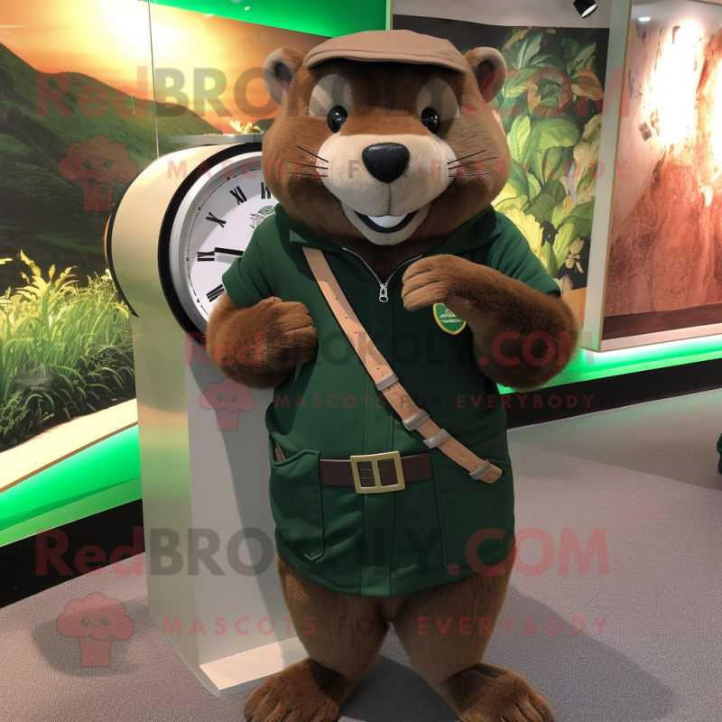 Forest Green Beaver mascot costume character dressed with a Moto Jacket and Bracelet watches