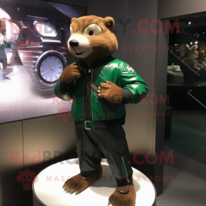 Forest Green Beaver mascot costume character dressed with a Moto Jacket and Bracelet watches