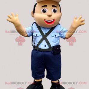 Politieagent mascotte in blauw uniform met een pet -