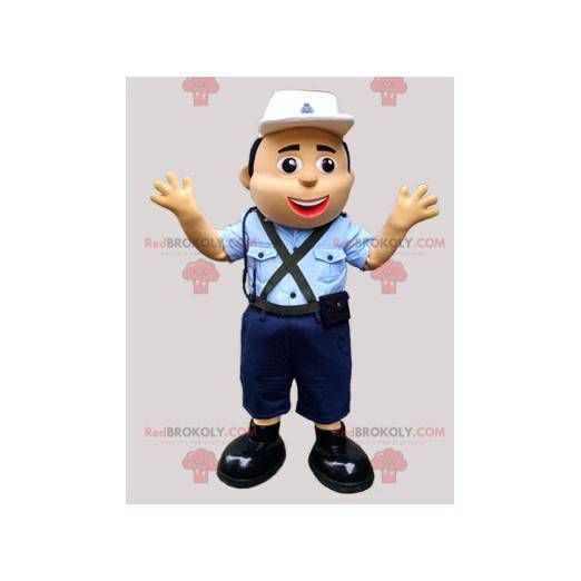 Politieagent mascotte in blauw uniform met een pet -
