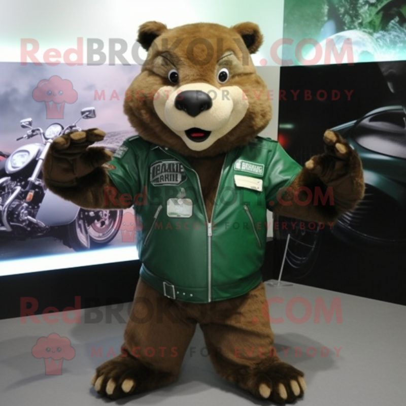 Forest Green Beaver mascot costume character dressed with a Moto Jacket and Bracelet watches