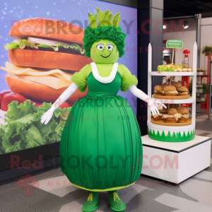 Green Burgers mascot costume character dressed with a Empire Waist Dress and Anklets