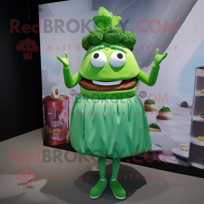Green Burgers mascot costume character dressed with a Empire Waist Dress and Anklets Green Burgers mascot costume character dressed with a Empire Waist Dress and Anklets