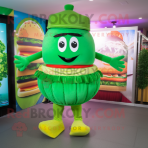 Green Burgers mascot costume character dressed with a Empire Waist Dress and Anklets