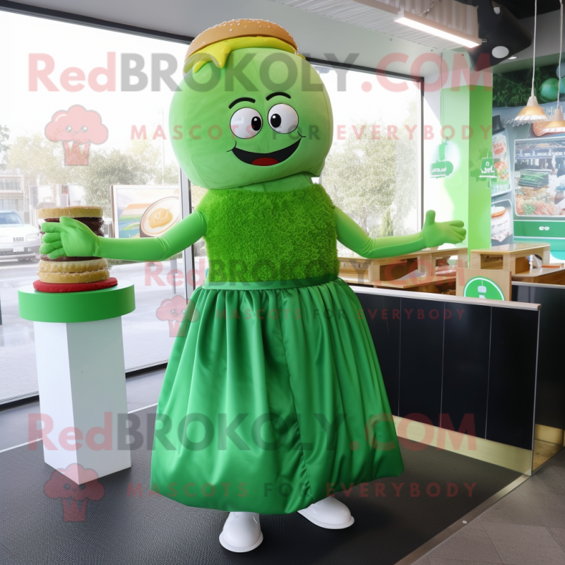 Green Burgers mascot costume character dressed with a Empire Waist Dress and Anklets Green Burgers mascot costume character dressed with a Empire Waist Dress and Anklets