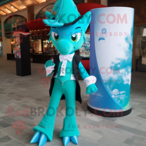 Turquoise Mare mascot costume character dressed with a Suit and Bow ties