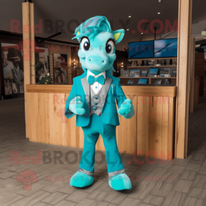 Turquoise Mare mascot costume character dressed with a Suit and Bow ties