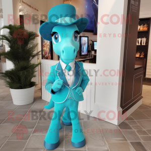 Turquoise Mare mascot costume character dressed with a Suit and Bow ties