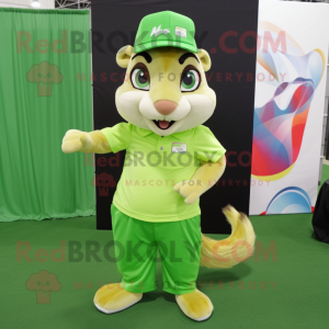 Lime Green Chipmunk mascot costume character dressed with a Polo Shirt and Hair clips
