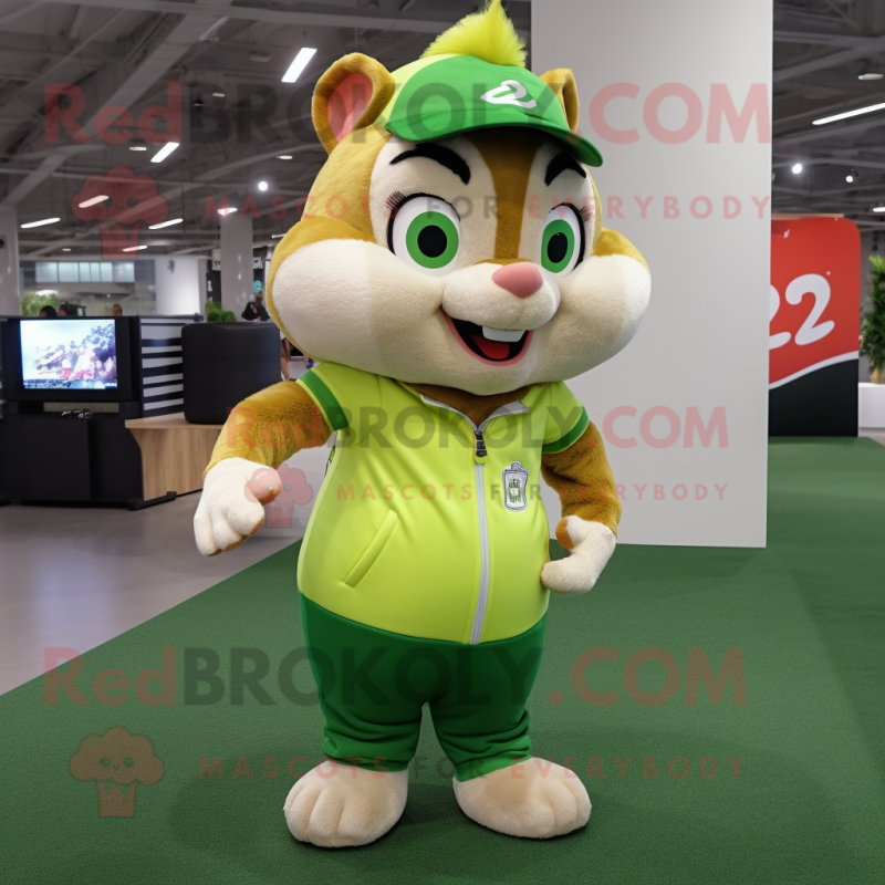 Lime Green Chipmunk mascot costume character dressed with a Polo Shirt and Hair clips