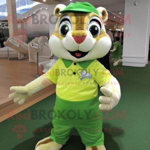 Lime Green Chipmunk mascot costume character dressed with a Polo Shirt and Hair clips