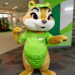 Lime Green Chipmunk mascot costume character dressed with a Polo Shirt and Hair clips