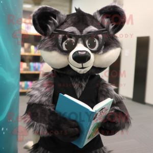 Black Civet mascot costume character dressed with a Cardigan and Reading glasses