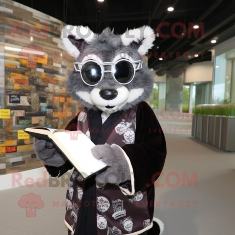 Black Civet mascot costume character dressed with a Cardigan and Reading glasses