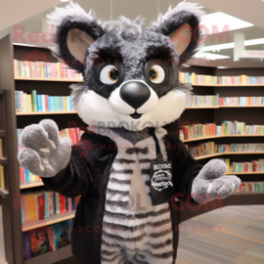 Black Civet mascot costume character dressed with a Cardigan and Reading glasses