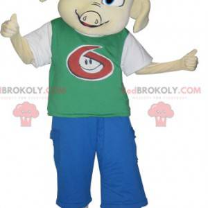 Pig mascot dressed in youth outfit - Redbrokoly.com