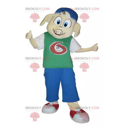 Mascote porco vestido com roupa jovem - Redbrokoly.com