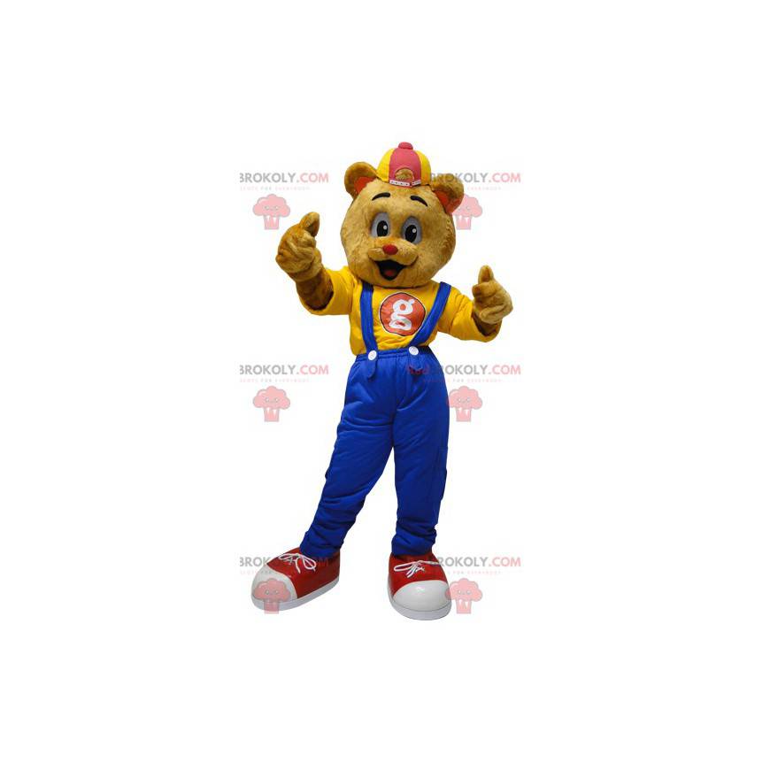Teddy bear mascot dressed in overalls with a cap -