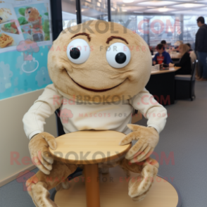 Beige Crab Cakes mascot costume character dressed with a Sweater and Watches