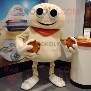 Beige Crab Cakes mascot costume character dressed with a Sweater and Watches