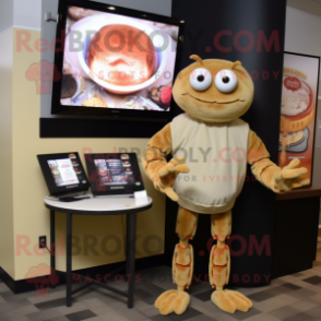 Beige Crab Cakes mascot costume character dressed with a Sweater and Watches
