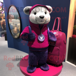 Magenta Navy Seal mascot costume character dressed with a Cardigan and Handbags