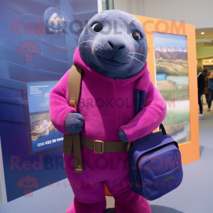 Magenta Navy Seal mascot costume character dressed with a Cardigan and Handbags