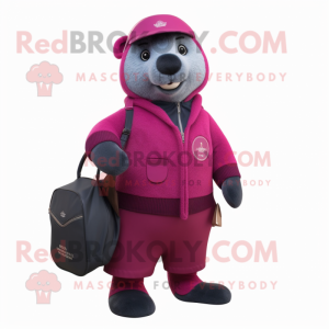 Magenta Navy Seal mascot costume character dressed with a Cardigan and Handbags