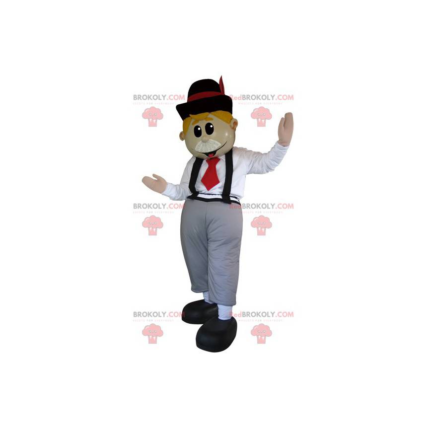 Mascote inglês com gravata borboleta e suspensórios -