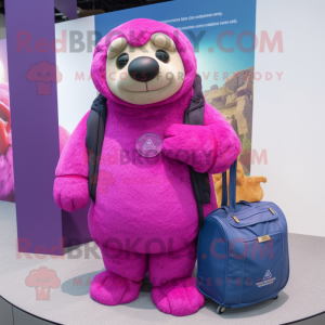 Magenta Navy Seal mascot costume character dressed with a Cardigan and Handbags
