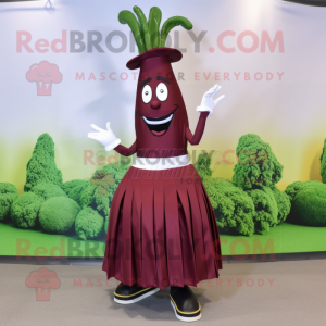 Maroon Asparagus mascot costume character dressed with a Circle Skirt and Shoe clips