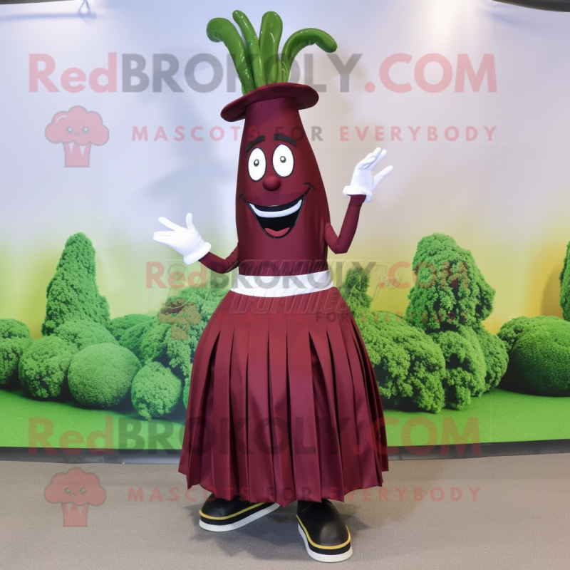 Maroon Asparagus mascot costume character dressed with a Circle Skirt and Shoe clips Maroon Asparagus mascot costume character dressed with a Circle Skirt and Shoe clips