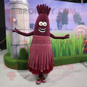 Maroon Asparagus mascot costume character dressed with a Circle Skirt and Shoe clips