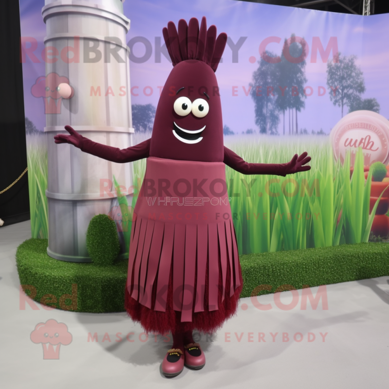 Maroon Asparagus mascot costume character dressed with a Circle Skirt and Shoe clips Maroon Asparagus mascot costume character dressed with a Circle Skirt and Shoe clips