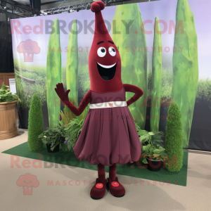 Maroon Asparagus mascot costume character dressed with a Circle Skirt and Shoe clips
