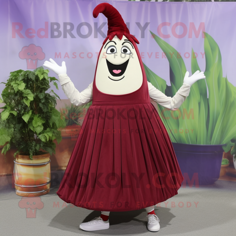 Maroon Asparagus mascot costume character dressed with a Circle Skirt and Shoe clips