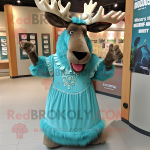 Teal Moose mascot costume character dressed with a Dress and Rings