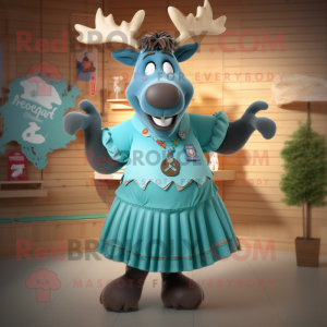 Teal Moose mascot costume character dressed with a Dress and Rings