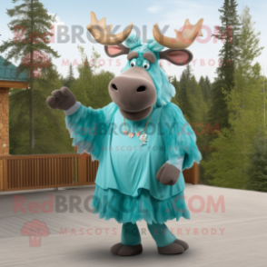 Teal Moose mascot costume character dressed with a Dress and Rings