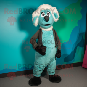 Turquoise Suffolk Sheep mascot costume character dressed with a Skinny Jeans and Cummerbunds