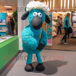 Turquoise Suffolk Sheep mascot costume character dressed with a Skinny Jeans and Cummerbunds