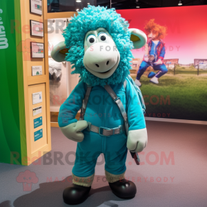 Turquoise Suffolk Sheep mascot costume character dressed with a Skinny Jeans and Cummerbunds