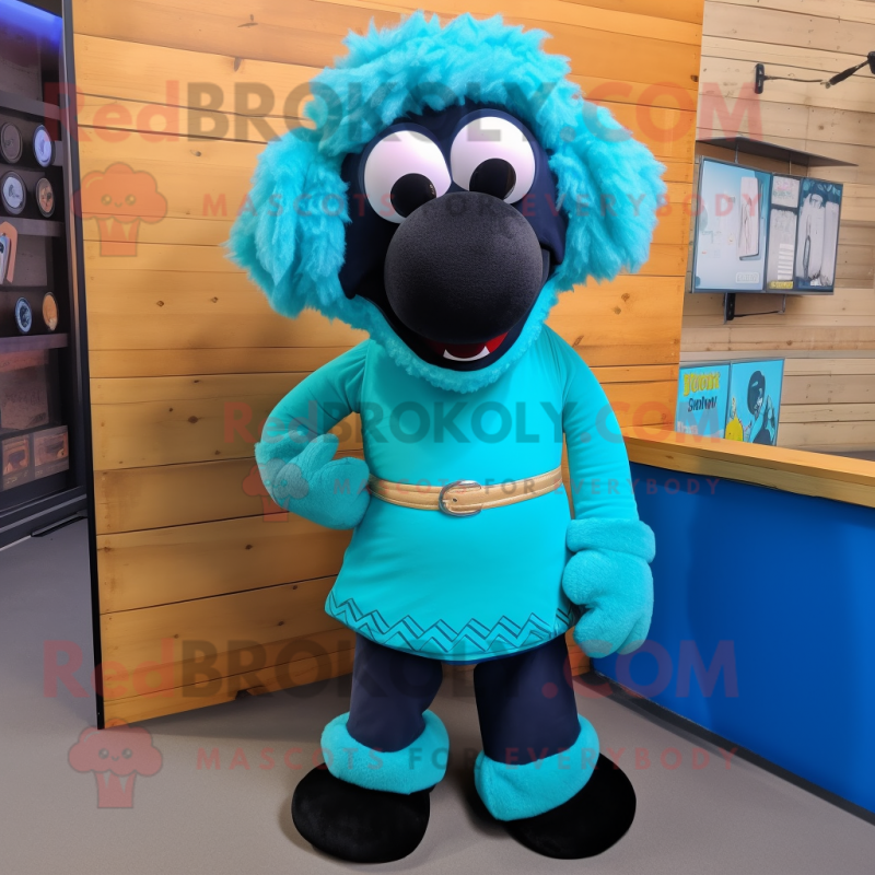 Turquoise Suffolk Sheep mascot costume character dressed with a Skinny Jeans and Cummerbunds Turquoise Suffolk Sheep mascot costume character dressed with a Skinny Jeans and Cummerbunds