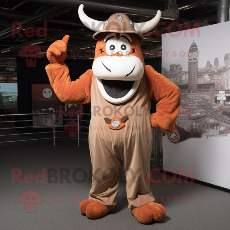 Rust Beef Stroganoff mascot costume character dressed with a Jumpsuit and Suspenders Rust Beef Stroganoff mascot costume character dressed with a Jumpsuit and Suspenders